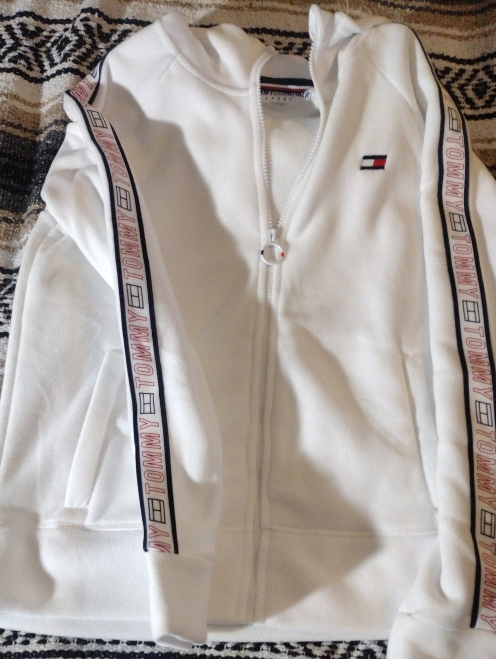Tommy Hilfiger White Zip Hoodie with Logo Tape and Flag Patch